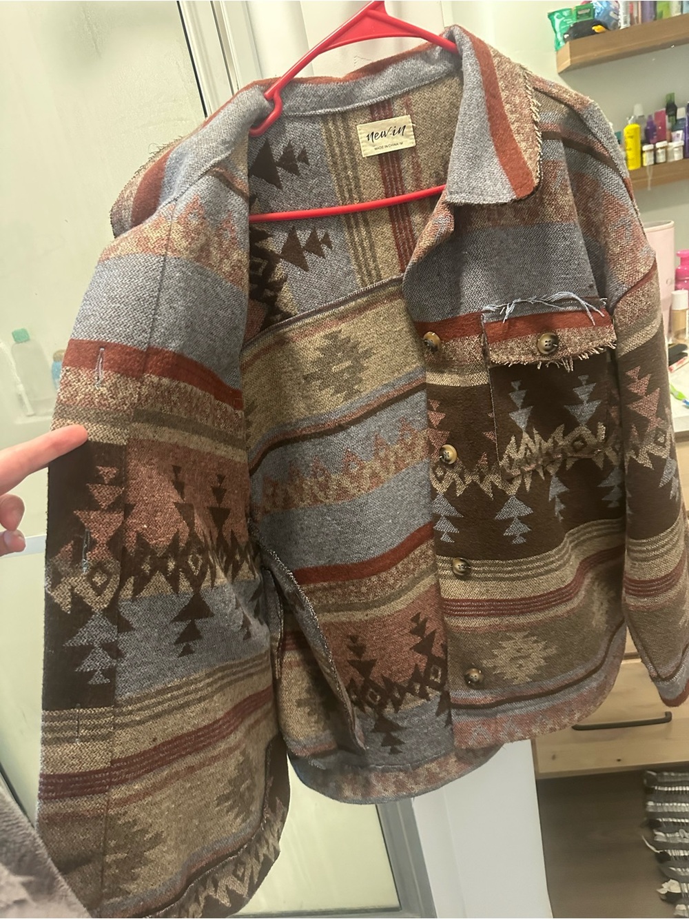 New In Aztec-Pattern Jean Shacket in Brown Multicolor - Picture 3 of 4